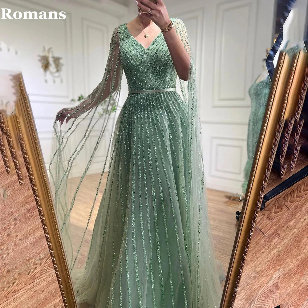 

Romans Green V-neck A-line Evening Dresses Gitter Belt Sleeveless vestidos de fiesta elegantes para mujer robes de soirée