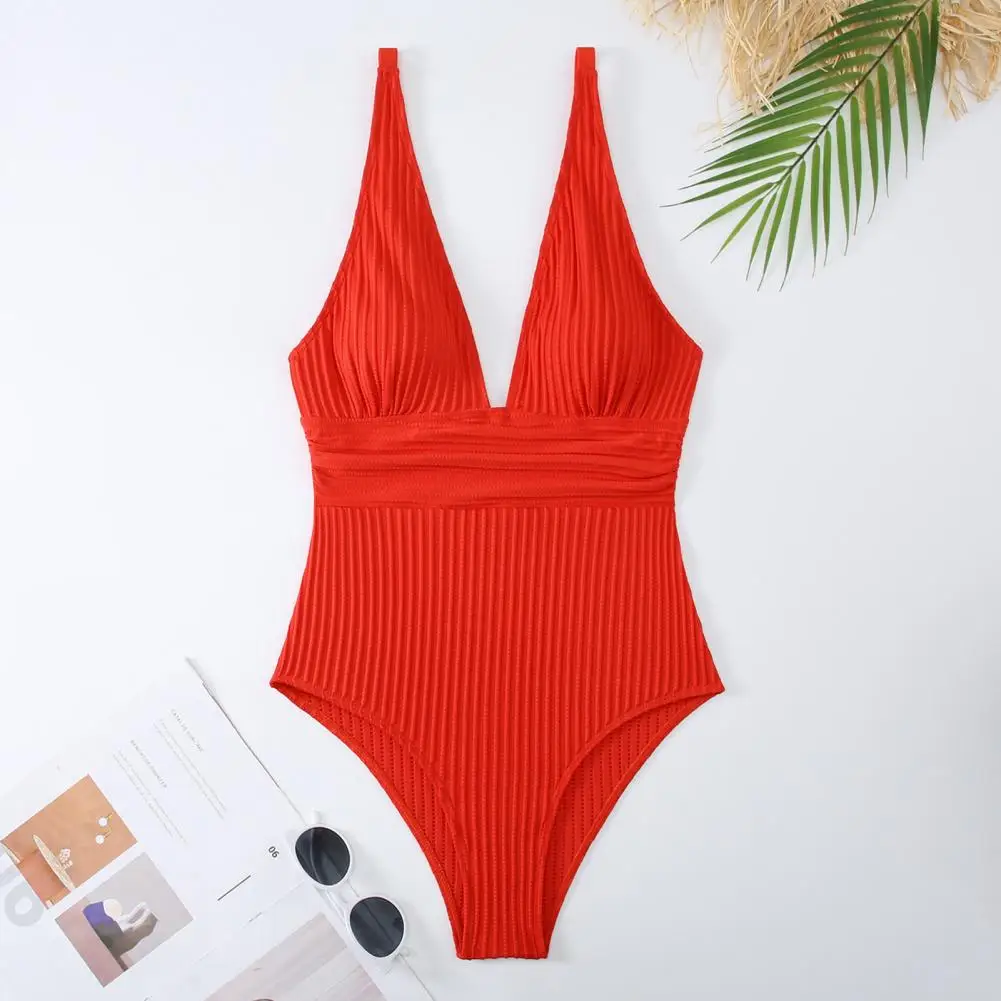 

Solid Color Swimsuit Quick-drying Swimsuit Stylish V-neck Ribbed One-piece Swimsuit for Women Breathable Quick-drying Bathing