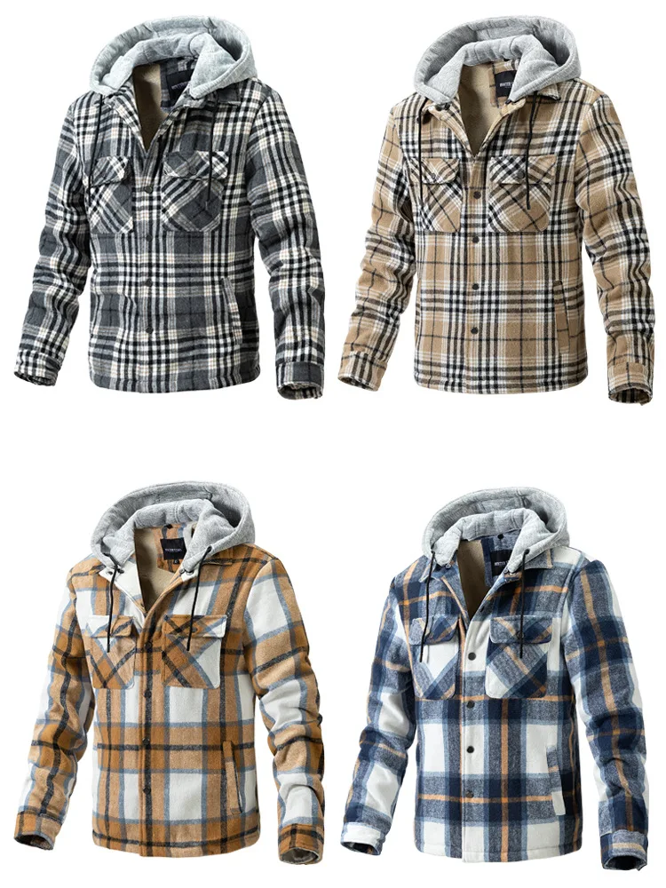 

Winter jacket plaid wool thickened hooded coat Fashion young men's top