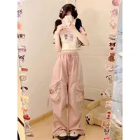 Blue Sweet Embroidered Casual Trousers Women Japanese Versatile Trend Summer High Waist Loose Multi Pocket Wide Leg Cargo Pants - Image 2