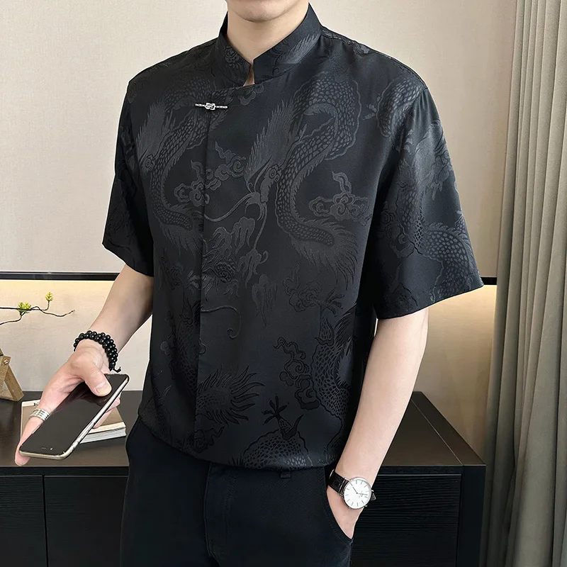 Vintage Harajuku Blouses Men Satin Shirt Dragon Totem Print Streetwear Button Up Short Sleeve Shirts Chinese Style Tops Unisex 5