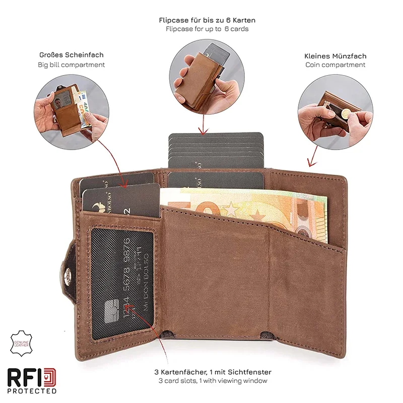 100% Crazy Horse Echtes Leder Männer Brieftaschen Rfid Karte Halter Münzfach Brieftasche Geld Taschen Metall Brieftasche Männliche Leder Geldbörsen – Detail 3