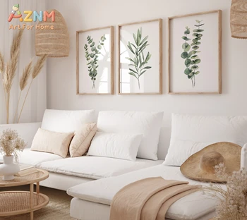 Set di 3 quadri da parete con piante ad acquerello – Stampe botaniche verdi, opere d'arte minimaliste con foglie per l'arredamento di cucina, camera da letto e soggiorno