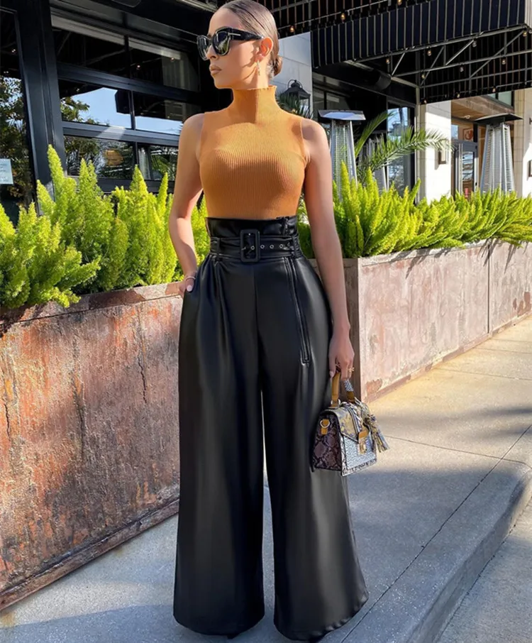 Fashion INS style PU leather pants nightclub metal belt wide leg pants party party high waist pants