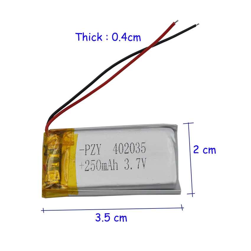 2pcs 3.7V 250 mAh 402035 Polymer Li Lipo Battery JST 2Pin 1.0/1.25/1.5/2.0/2.54mm For GPS Camera MP3 MP4 Driving Recorder LED