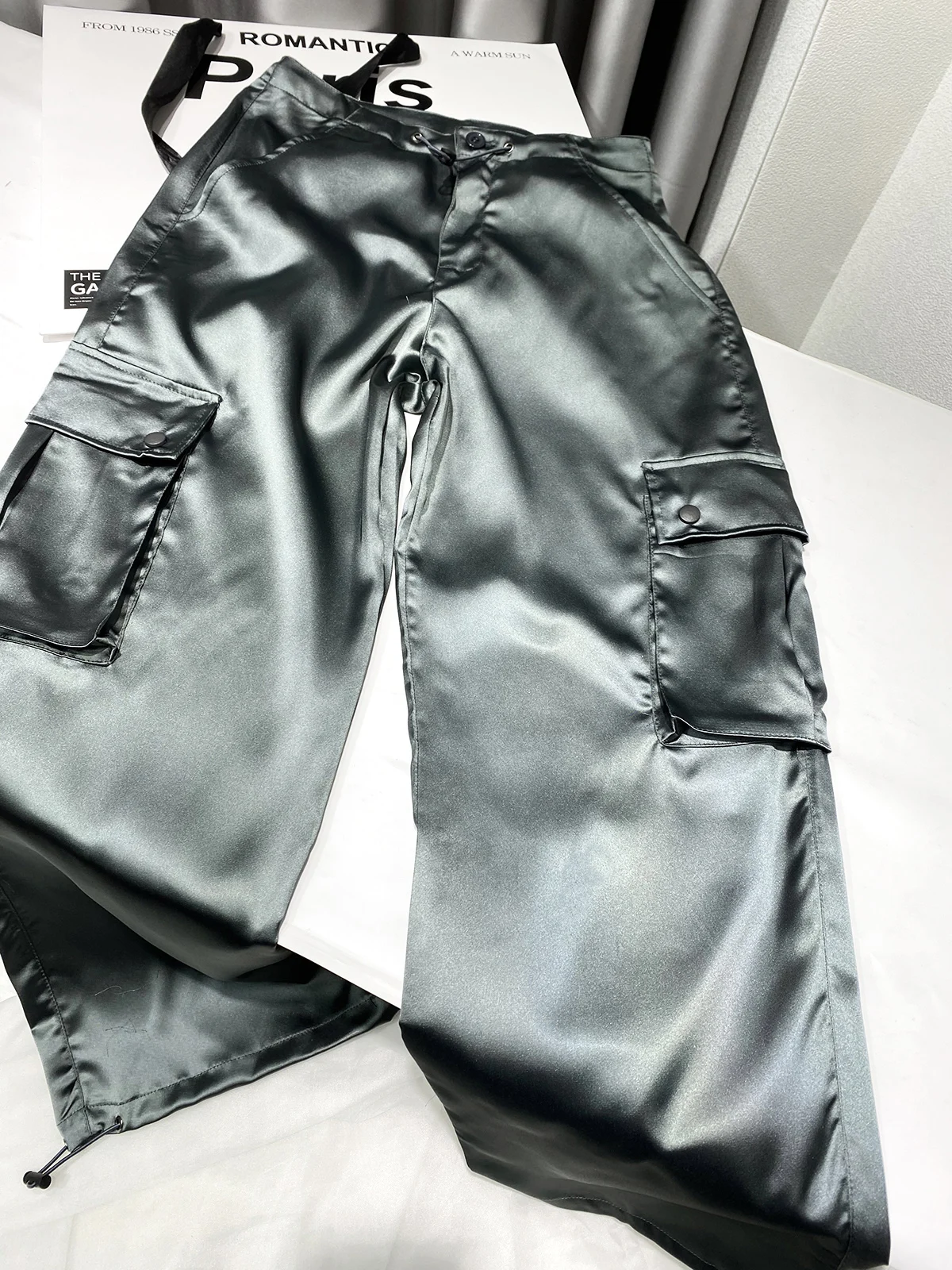 Silk Pink Drawstring Satin Baggy Cargo Pants Women Summer Solid Black Beige Gray Wide Leg Trousers Streetwear Vintage Bottoms 4