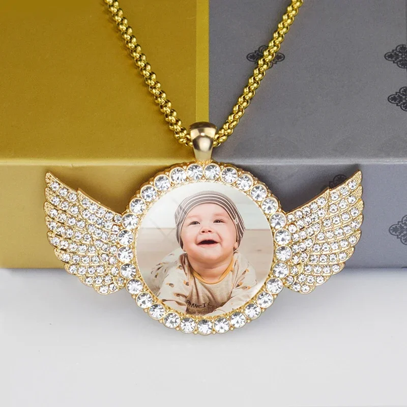 Custom Baby Photo Angel Wings Pendant with Long Chain Rhinestones Necklace Personalized Glass Dome Picture Customized Jewelry custom vertical signature necklace 925 solid silver name necklace personalized hand written name pendent memorial jewelry