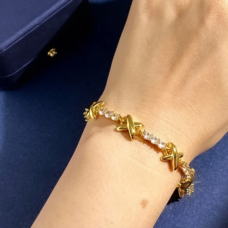 Light Luxury 18k Gold Plated Gemma Cubic Zirconia Jewelry Set for Women Elegant X Cross Choker Necklace Wedding Jewelry Gift