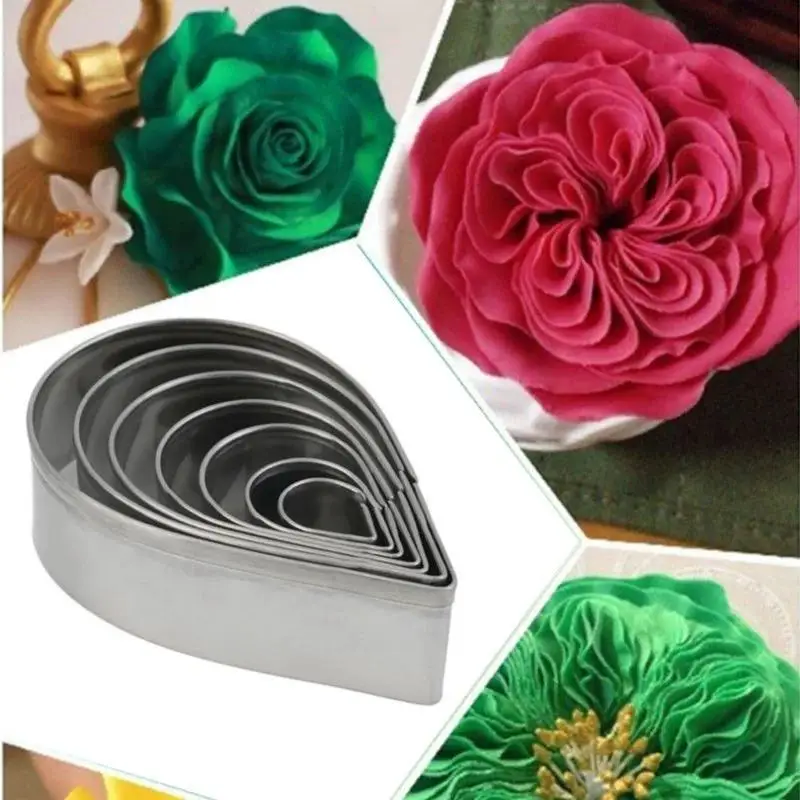 7Pc/Set Waterdrop Shaped Stainless Steel Rose Petal Biscuit Knife Mold Home Pastry Molds Sugar Processing Baking Cake Decor Tool