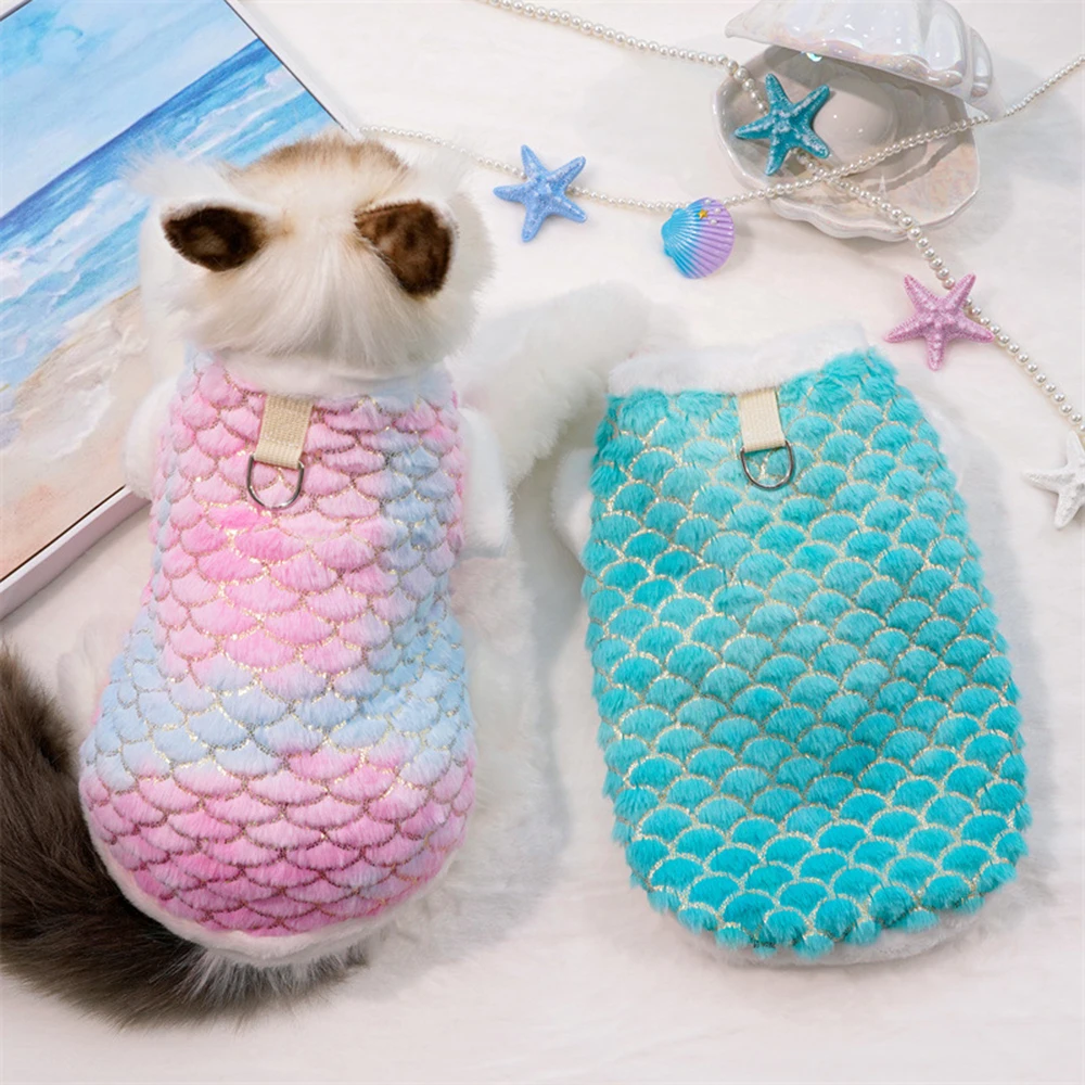 

Cartoon Fish Scales Gradient Color Pet Clothes For Small Dogs Coat Jacket Winter Warm Soft Comfortable Puppy Sweater Pet Clothes
