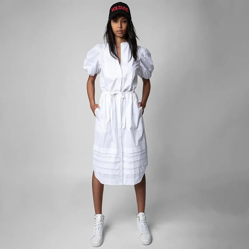

Zadig Summer Dresses Women Loose Chic Elastic Waist Cotton New Dress Female Solid White Lantern Sleeve Fashion Robes Clothing