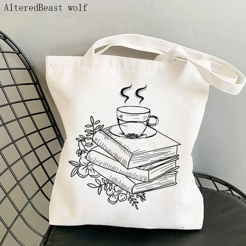 Women handbag bag Flowery Books and Tea Printed Cartoon Bag Harajuku Shopping Canvas Bag girl Shopper Tote Shoulder Lady Bag