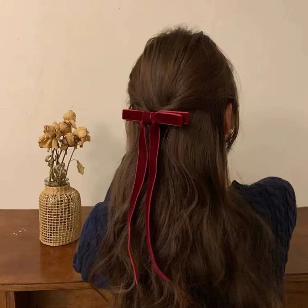 Vintage Rot Samt Bogen Haar Clip Für Frauen Mädchen Koreanische Super Lange Quaste Band Haarnadeln Barrettes Kopfbedeckung Haar Zubehör