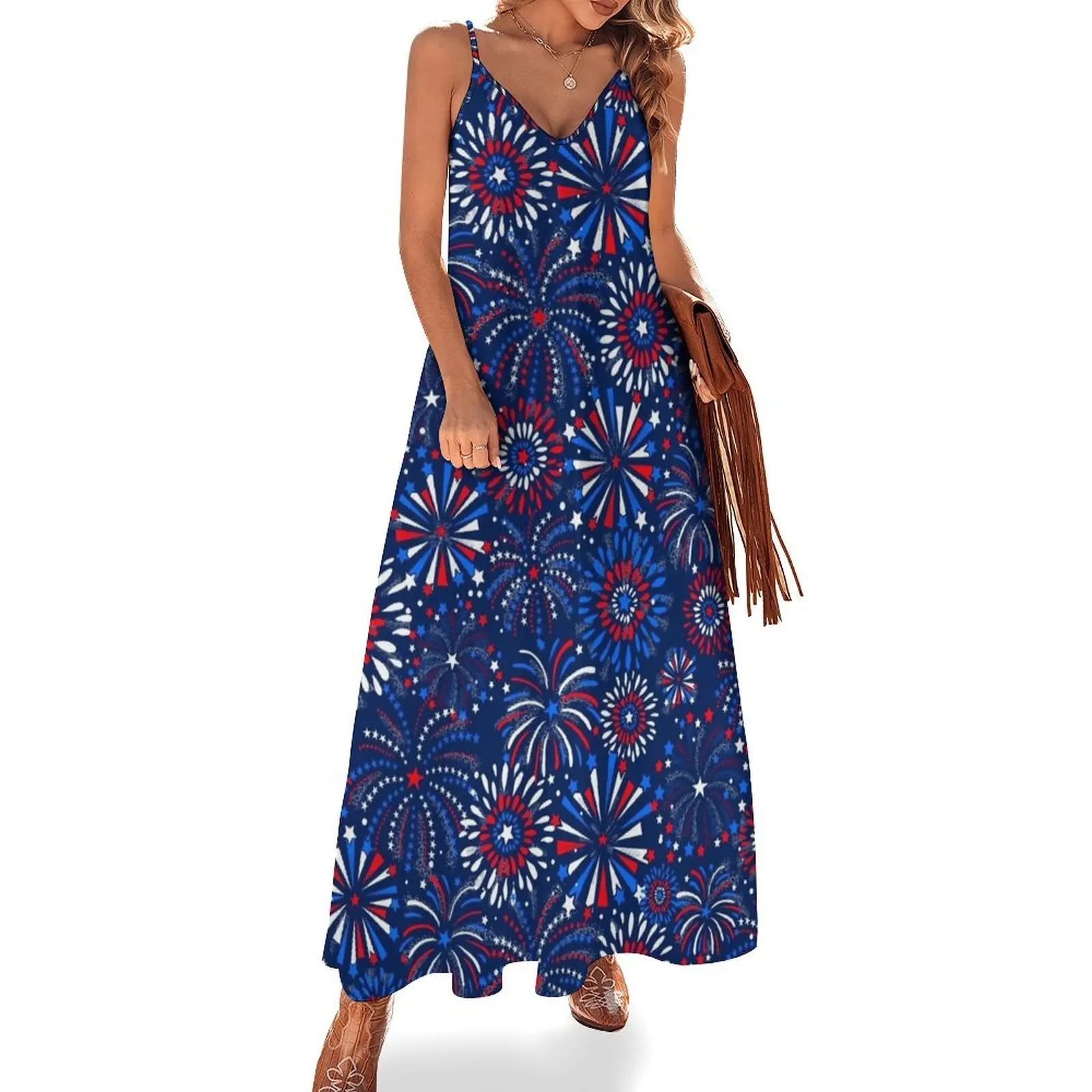 

Red White & Blue fireworks Sleeveless Dress long dress women sexy dress Women's evening wedding dresses for parties