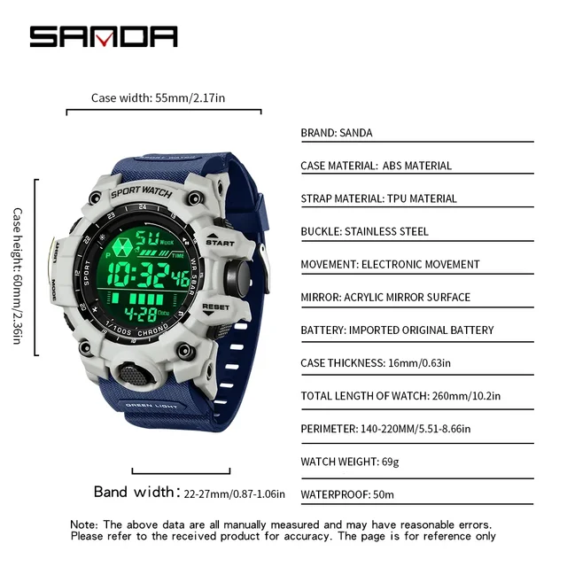 SANDA Men Outdoor Sports Watch Waterproof LED Analog Digital Show Multifunction Big Dial Electronic Wristwatch G style Male Cloc 5