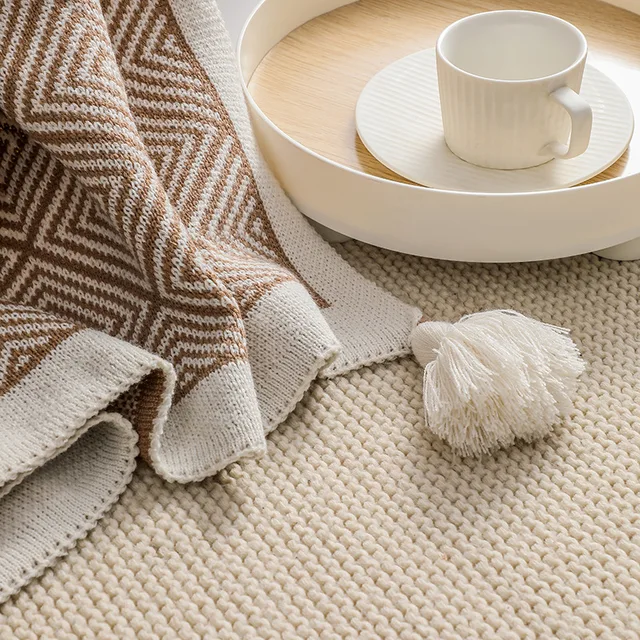 Ethnic Style Sofa Cover Blanket, Knitted Blanket, Herringbone Patterned Air Conditioning Blanket, Tassel Nap Blanket 6