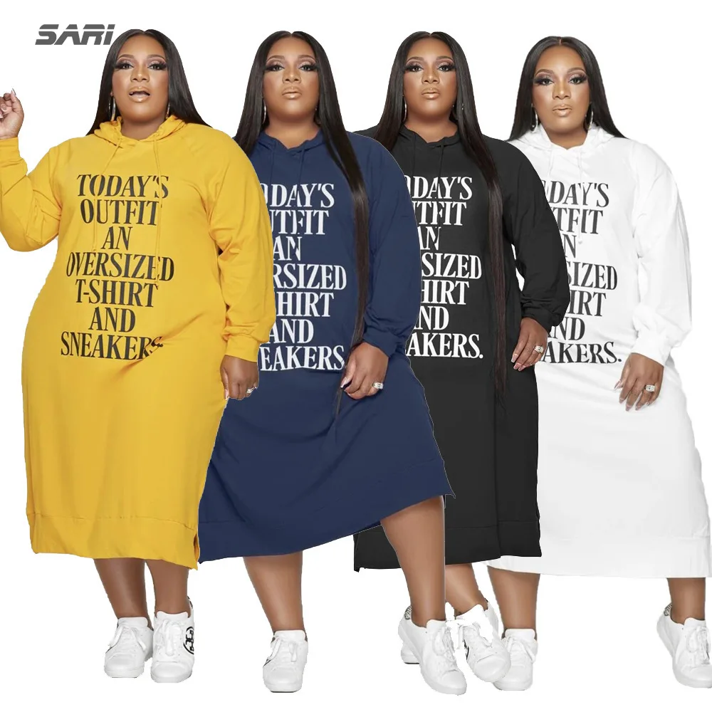 

2022 Women's Dress Large Size Printing Letter Long Skirt Elegant Outdoor Round Neck Long Sleeve Spring Hooded Sweater Dresses