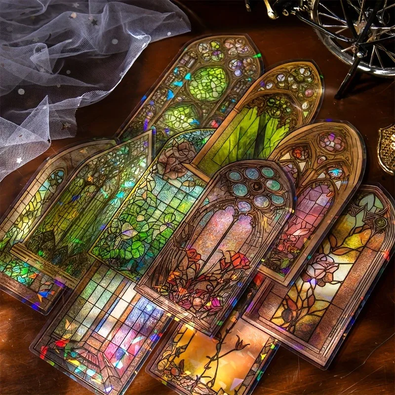 

10pcs/pack Ice Crystal Laser Gilded Stickers Glass Flower Window Series Retro Hand Curtain Material Album Scrapbooking