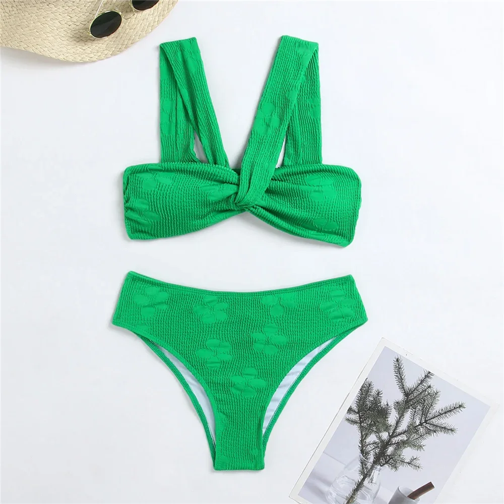 

Sexy Green Bandeau Bikinis Set 2023 Mujer Ribberd Flower Swimsuits Women Push Up Swimwear Bathing Suits Biquinis Bikini Donna