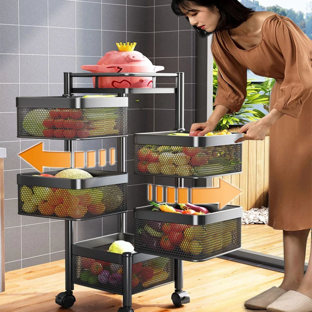 

Floor Stand Multi-layer Kitchen Storage Shleves Rotating Basket Drawer Rolling Trolley Cart Vegetables Fruit Rack Organizer