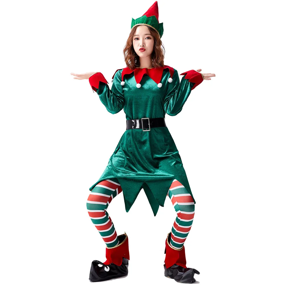 

Adult Women Christmas Xmas Green Elf Top Stripe Pants Belt Hat Gloves Set Halloween Role Play Dress Up Cosplay Costume