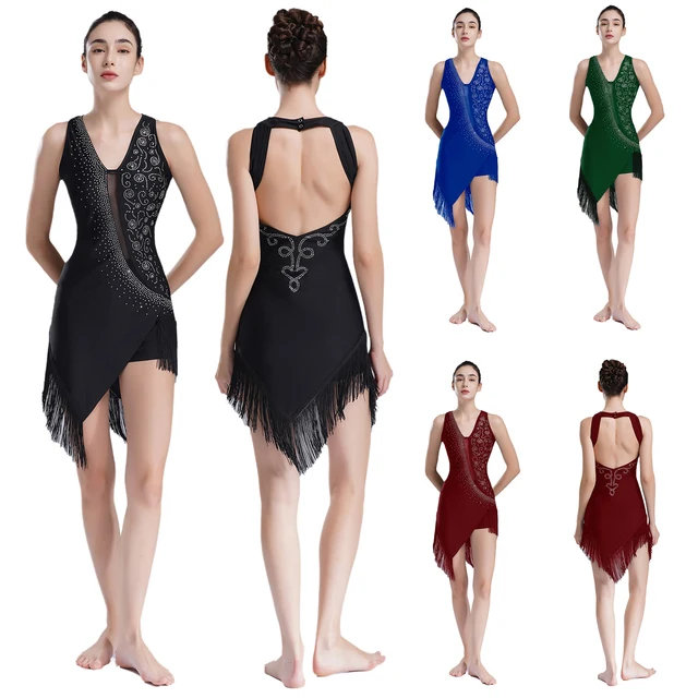 Vestito Da Ballo Latino Con Nappe E Paillettes - Body Senza Maniche, Per Salsa, Rumba, Jazz - Foto 3