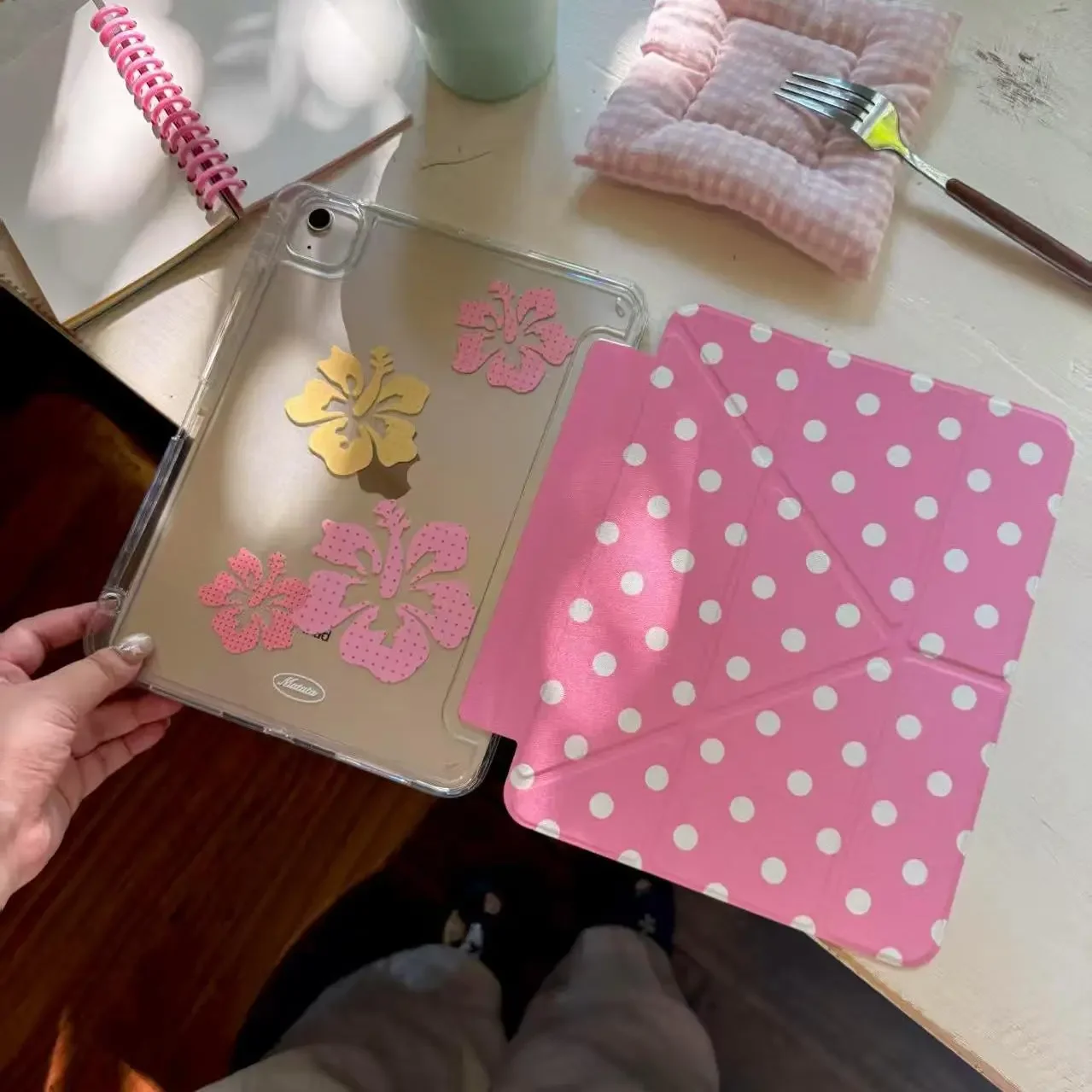 White Polka Dot Wing iPad Case with Pen Holder and Smart Y Folded Edge Design