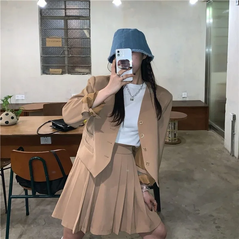 Fashion 2024 Casual Suit Skirt Suit Temperament Short Long Sleeve Suit High Waist Sexy Pleated Skirt Fashion Two-piece Female