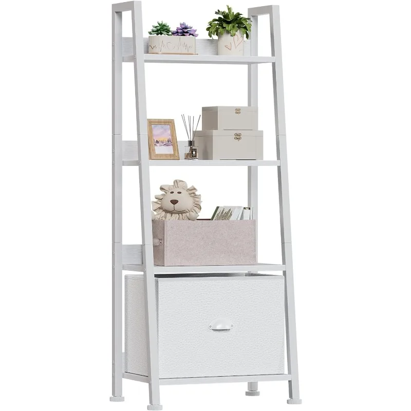 

4-Tier White Ladder Shelf, Ladder Bookshelf with Removable Drawer, Bookcase Storage Rack Organizer, Freestanding Storage Shelve