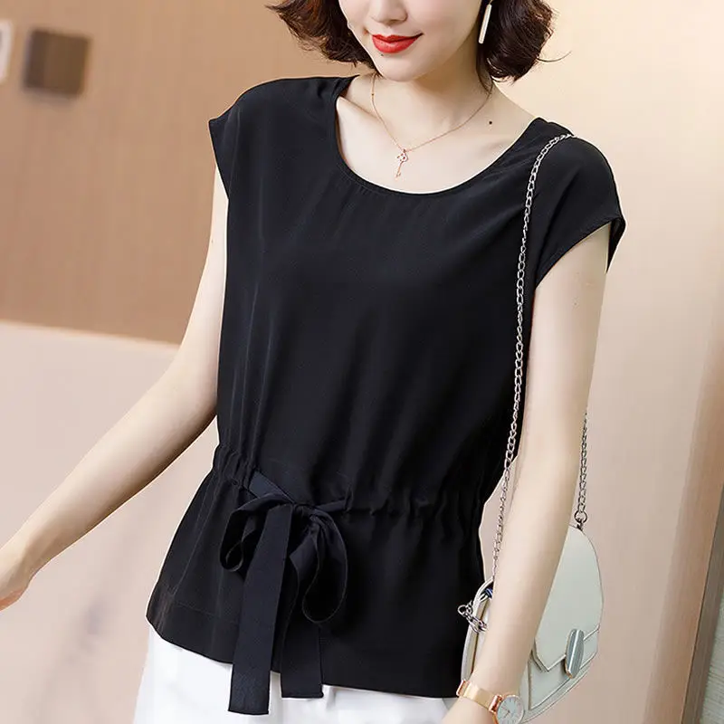 Elegant Solid Color Shirring Bandage Bow Blouse Women's Clothing 2023 Summer New Oversized Casual Pullovers Korean Chiffon Shirt