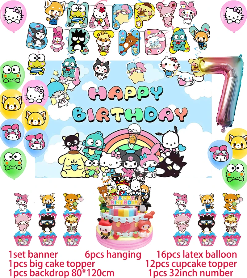 thumbnail image 1 of Decoración para fiesta de cumpleaños con temática de Sanrio, Hello Kitty, Kuromi, Cinnamoroll, globos, pancarta, vajilla, suministros para fiesta, baby shower, 1 of 5