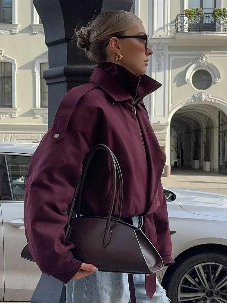 2025 Chic Zipper Bomber Jacket Women Fashion Stand Collar Long Sleeve Pocket Short Coat Autumn Lady Daily Street Outerwear