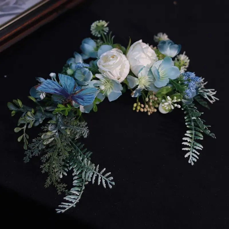 Mori simple location bridal headdress blue silk flower Chinese classical wedding hair accessories seaside vacation