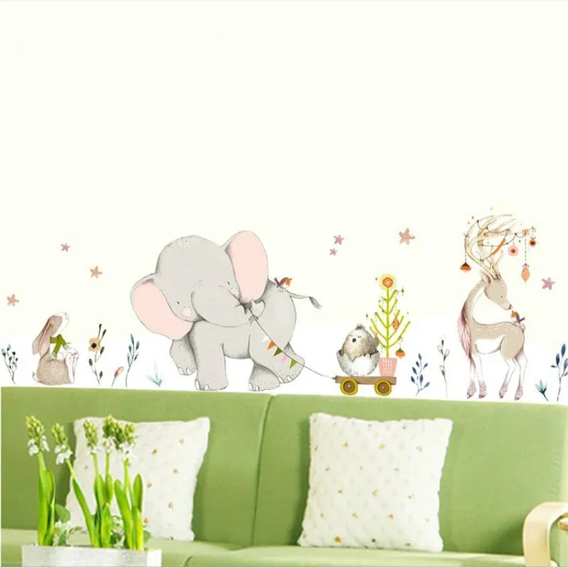 Happy Little Elephant Pulling Car Wall Decal Sika Deer Decoration Living Room Background Wall Cartoon Decal 30x90cm