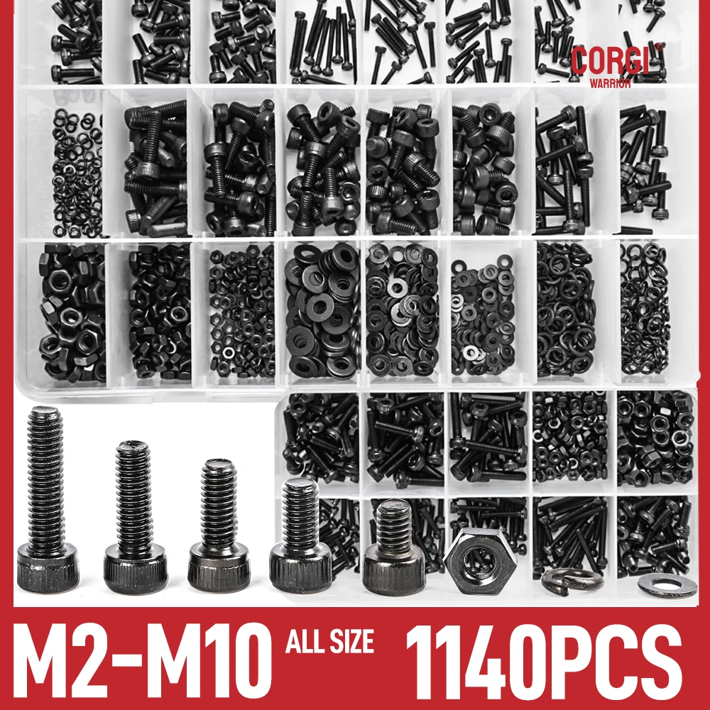 Комплект винтов с шестигранной головкой 12,9 из углеродистой стали, 1140 M2 M2.5 M3 M4 M5 M6 M8 M10 Black DIN912, набор винтов с гайками и шайбами