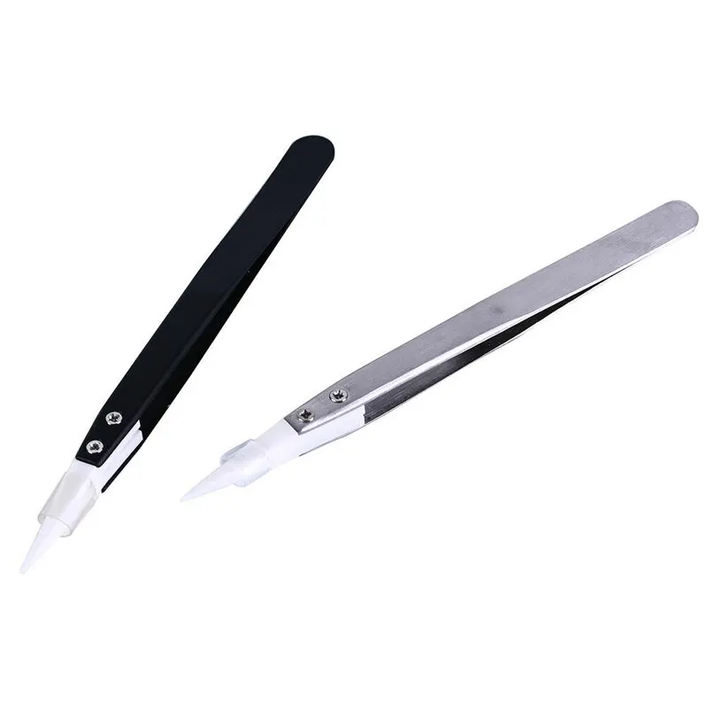 Ceramic Tweezers 2PCS Straight Aimed For Electronics Soldering Stainless Steel Handle Precision