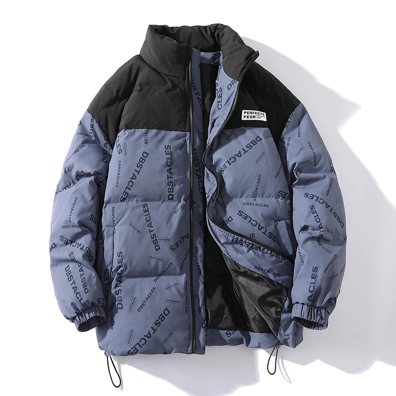 Korean Style Men Harajuku Warm Parkas Warm Thicken Coat Fashion Contrast Padded Bubble Jacket Letter Print Puffer Jacket for Men