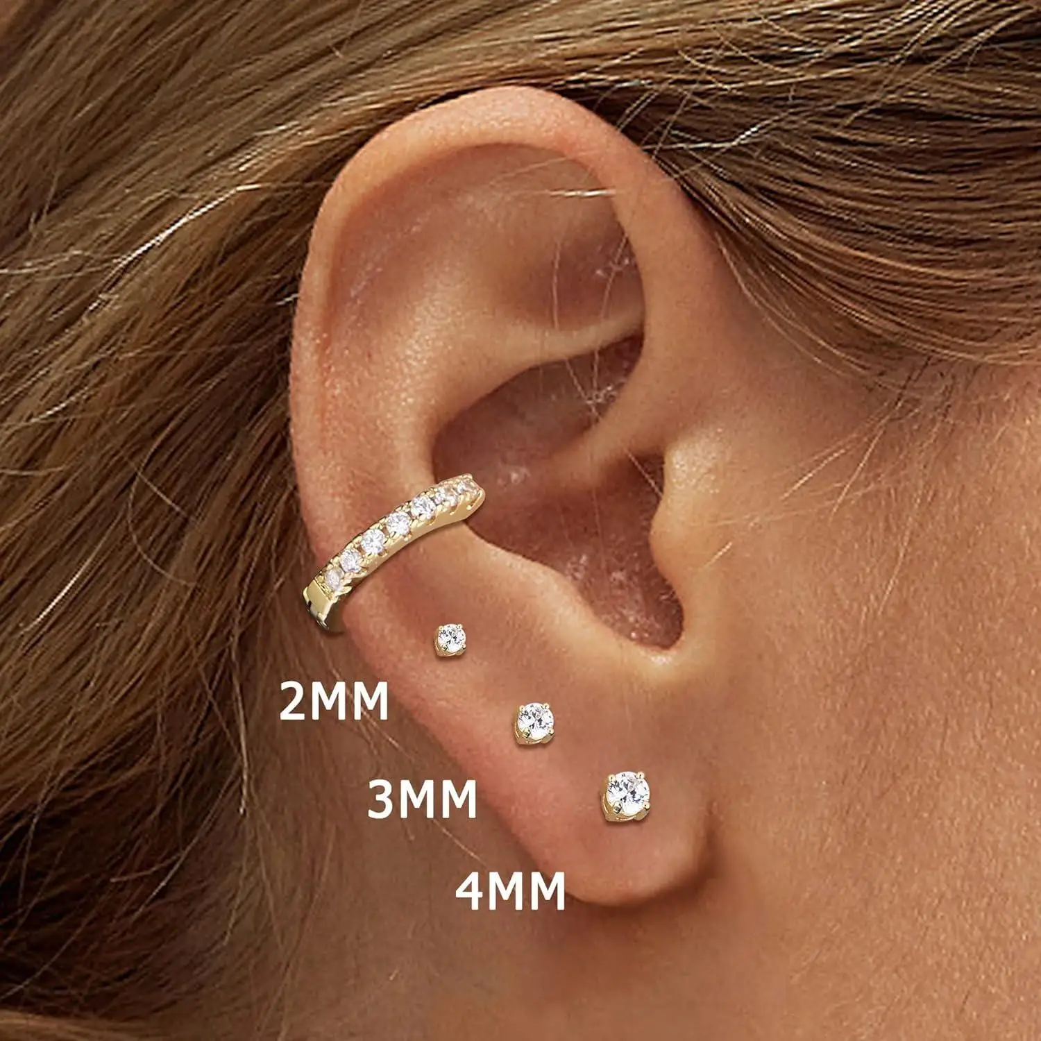 Fansilver 14K 골드 스터드 귀걸이 세트,  스터드 귀걸이, 다중 피어싱, 저알레르기, 작은 후프 스터드 귀걸이