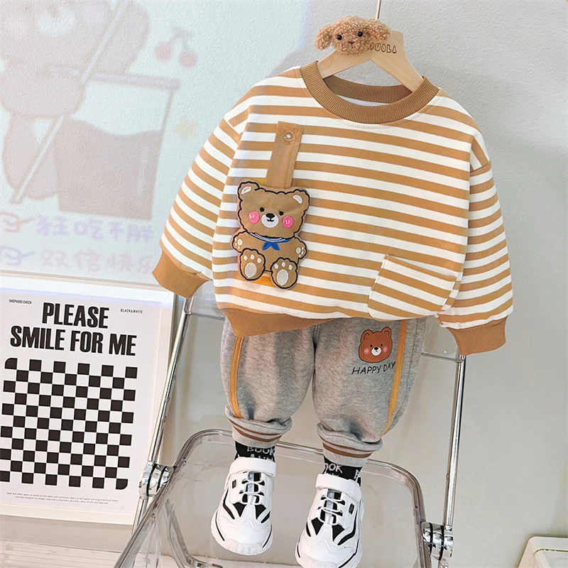 

Girls Sweater Pants Baby Boys 2022 Winter Clothing Sets Stripe Kids Sportswear Outdoor Children Outfits Infant Plush Clothes