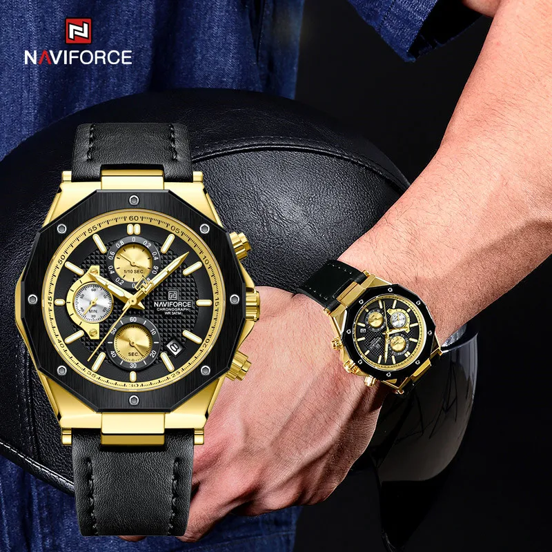 

NAVIFORCE Mens Brand Design Quartz Watch Luminous Waterproof Leather Strap Clock Calendar Sports Wristwatches Relogio Masculino