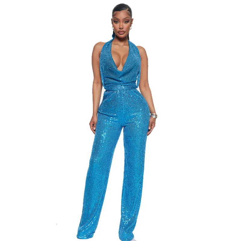 Sexy Glitter Sequin Jumpsuit Women Elegance Half Backless Nightclub Party Jumpsuits One Piece Overalls Birthday Outfits Catsuit