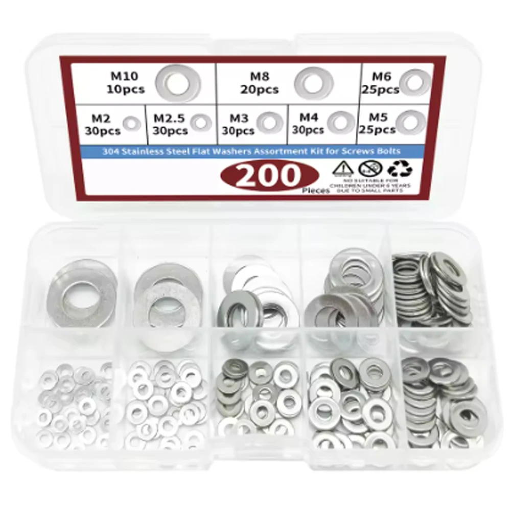 Stainless Steel Washers 910 Pieces 9 Sizes 304 (M2 M2.5 M3 M4 M5 M6 M8 M10 M12) for Home Decoration