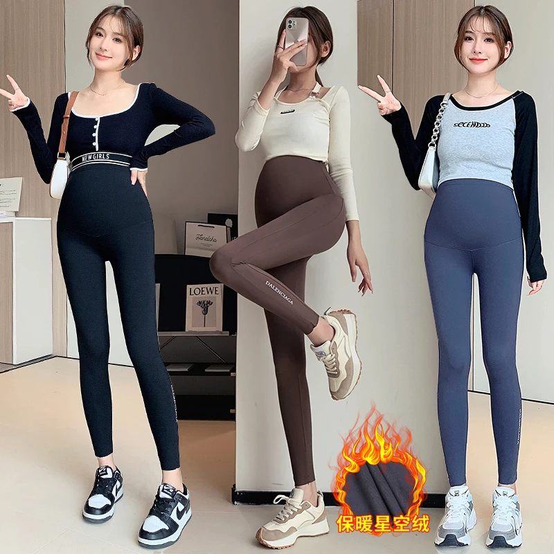 Autumn Winter Waist Support Belly Seamless Warm Brushed Nylon Legging Maternity Pencil Yoga Pants for Pregnant Women Pregnancy