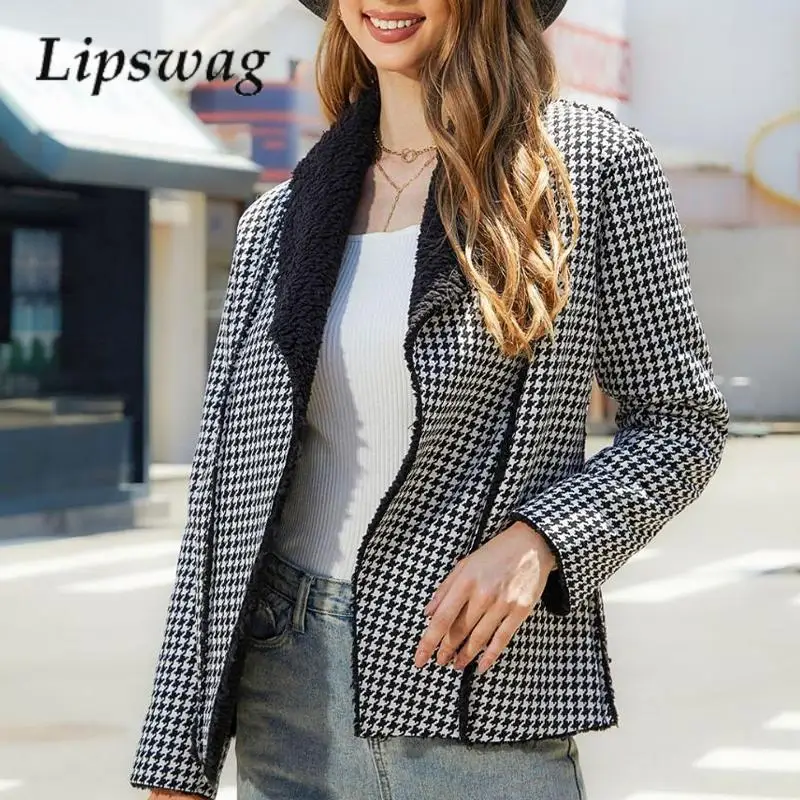 

Autumn Winter Soft Long-Sleeve Versatile Jacket Women Warm Commuter Coat Fashion New Thousand Bird Grid Fleece Lapel Woolen Coat