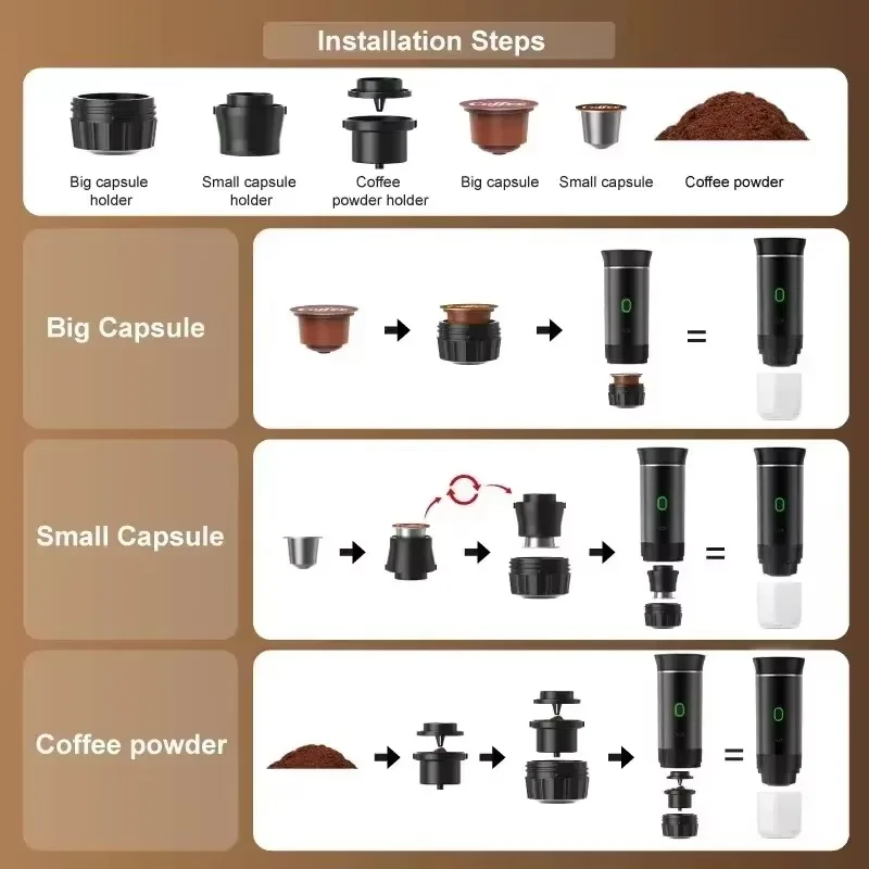 Espresso Coffee Maker Capsule Coffee Maker Portable 3-in-1 Wireless Electric Espresso Coffee Maker for Capsule Powder Travel Camping