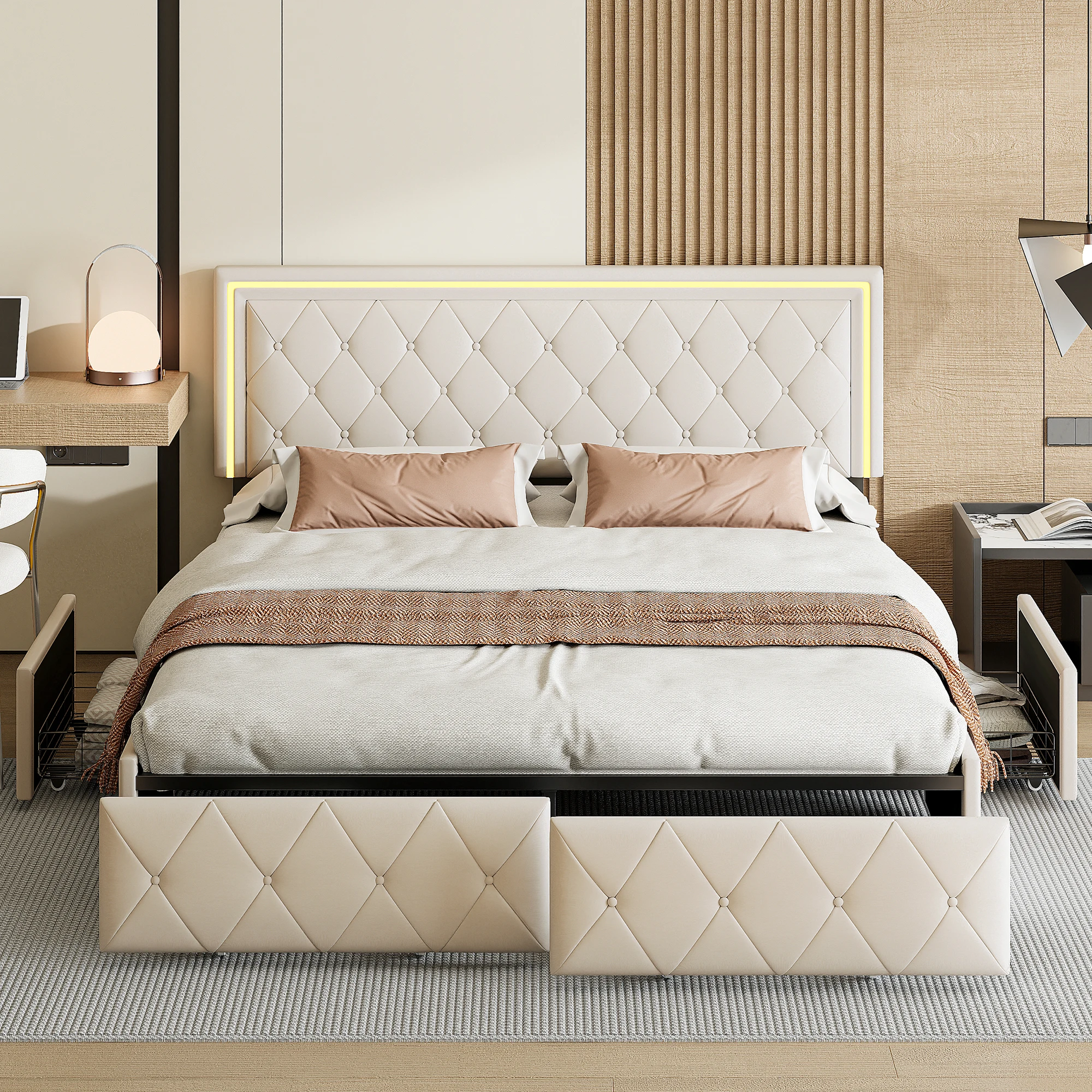 Comanlai Polsterbett 160 x 200 cm mit 4 Schubladen und LED-Kopfteil, Bettgestell mit Lattenrost aus Holz, ohne Matratze – Detail 7