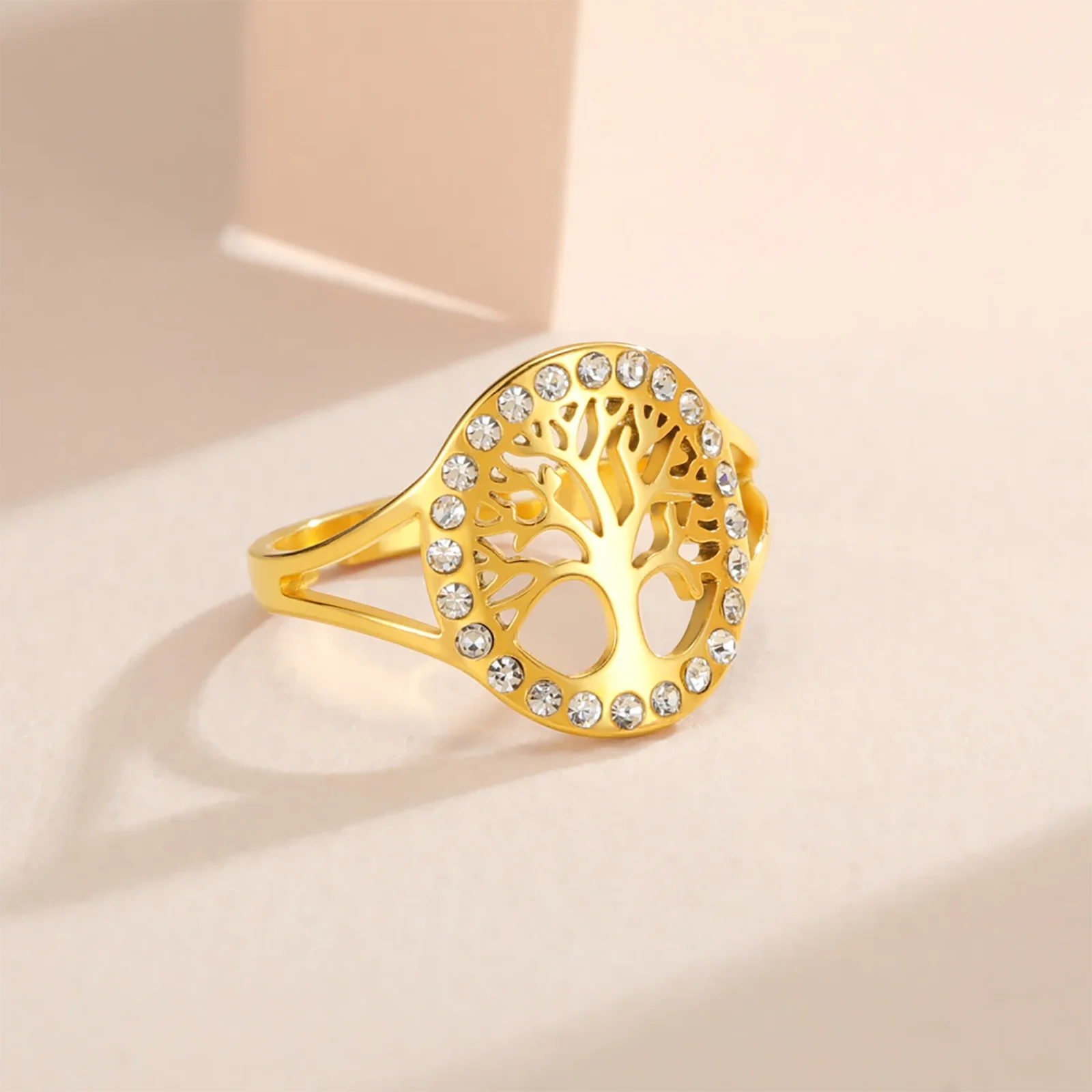Skyrim Tree of Life Clear Zircon Round Ring Stainless Steel Gold Color Adjustable Women Finger Rings Amulet Jewelry Wholesale