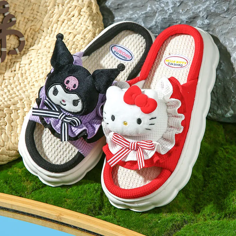 

Kawaii Kuromi аниме Hello Kitty Sanrio льняные дышащие тапочки Милая помпопурин моя мелодия мультфильм Милая домашняя обувь для девочек