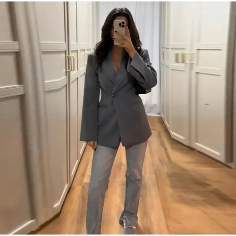 Elegant Metal Button Blazer Suit Women Slim V Neck Long Sleeve Fake Pocket Jacket Autumn Shoulder Pads Office Lady Outwear
