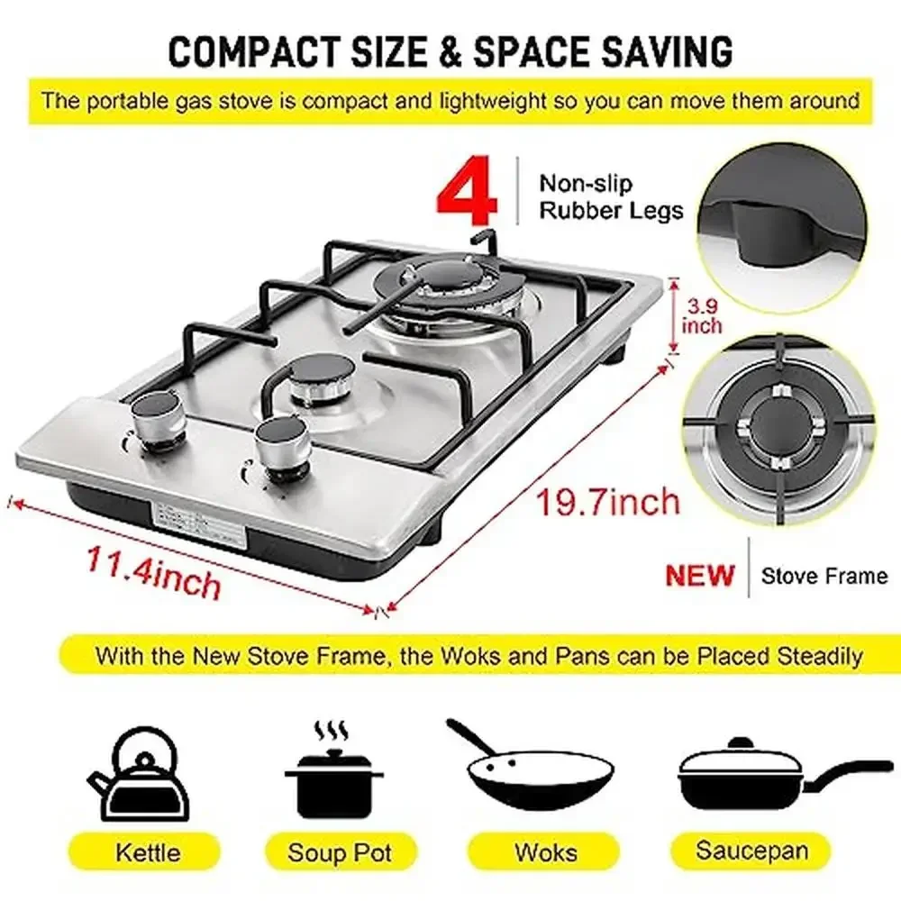 12" Stainless Steel Dual Fuel Gas Cooktops 2 Burner Propane/Natural Gas Stove Drop-in Easy to Clean Top with Electric Ignition